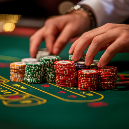 casino, gambling, entertainment and people concept - close up of poker player with chips and cards at green casino tableの素材
