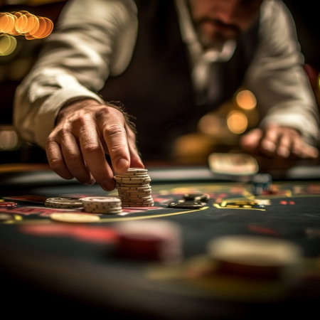 Casino theme. Close up of a poker player playing rouletteの素材