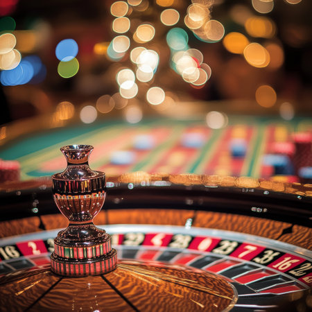 Casino roulette wheel with blurred bokeh background, gambling conceptの素材