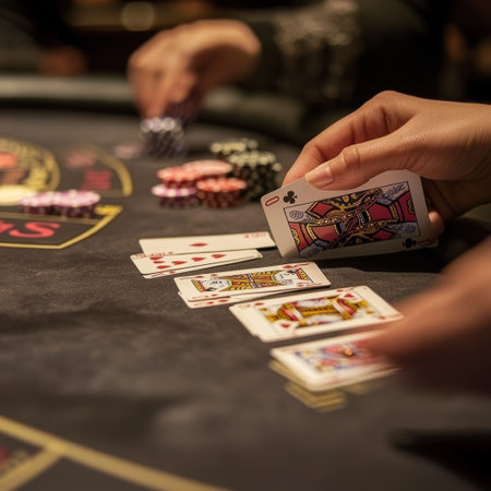 Poker table with cards and chips. Close-up of female hands playing pokerの素材