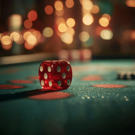 Red dice on green table in casino with bokeh background.の素材