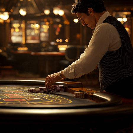 Young man playing roulette in casino. Concept of gambling and casino.の素材