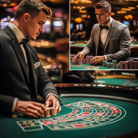 Handsome young man playing roulette in casino. Casino conceptの素材