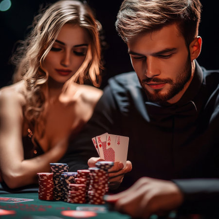 Couple playing poker in casino. Young man and woman with playing cards.の素材