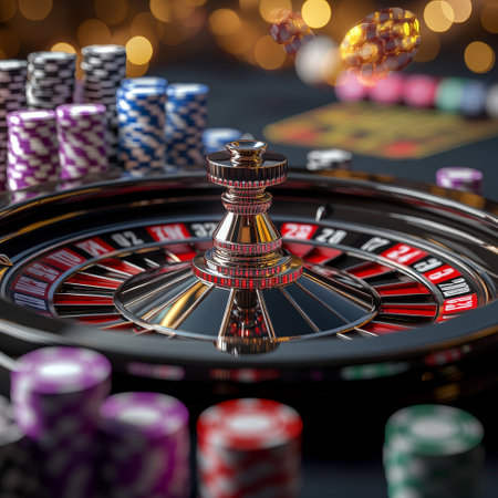Casino roulette wheel with chips and cards on black background. 3d renderingの素材