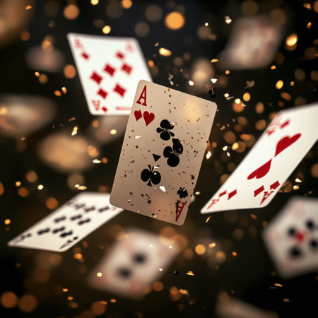Playing cards flying in the air with bokeh background. 3d renderingの素材