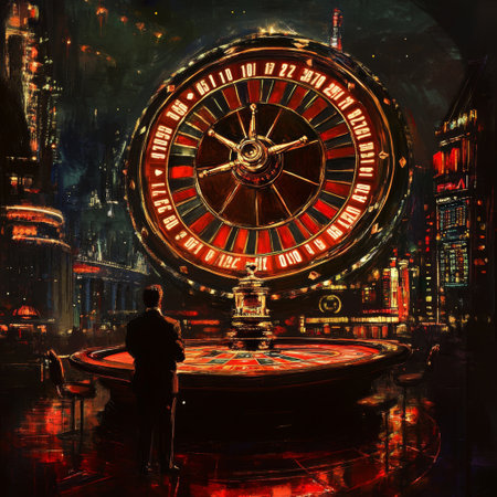 Roulette wheel on the background of the night city. Digital painting.の素材