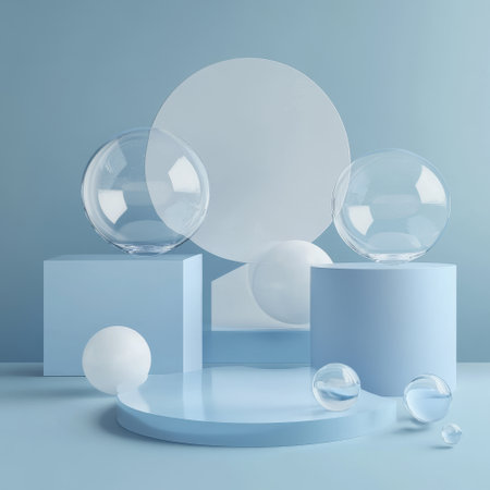 Abstract blue background with podiums and glass balls. 3d renderの素材