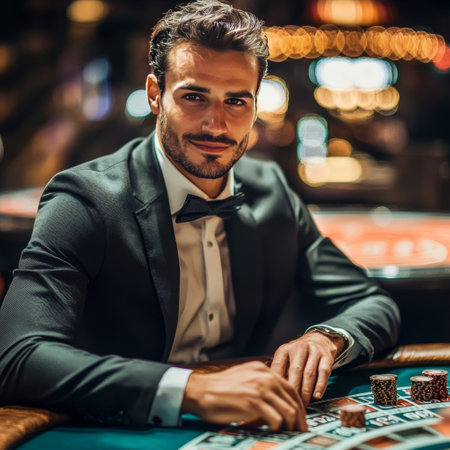 Portrait of a handsome young man playing poker at the casino.の素材