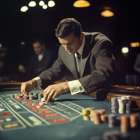 Croupier playing roulette in casino. Young caucasian man in suit playing poker at the table.の素材