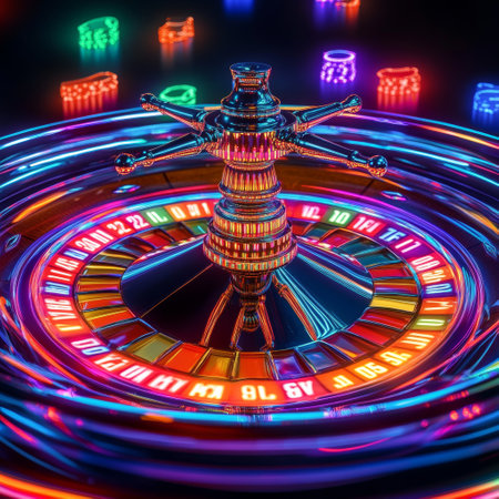 Casino roulette wheel with neon signs, 3d render illustrationの素材