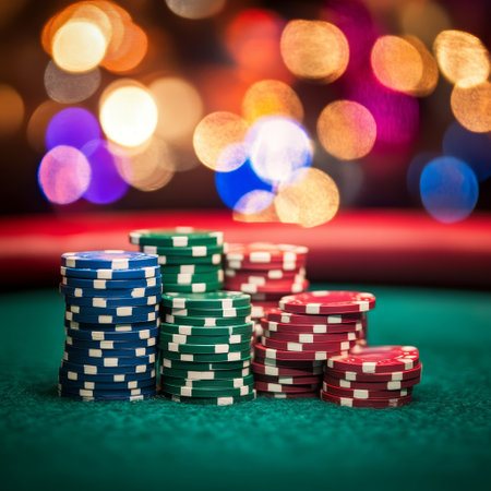 Casino chips on green table in front of colorful bokeh backgroundの素材