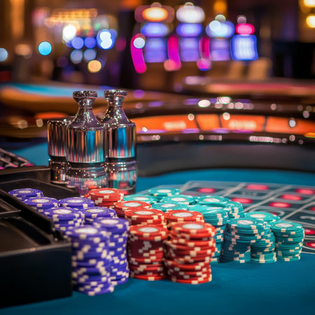Casino roulette table with chips and cards, shallow depth of fieldの素材