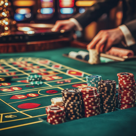 Poker table with chips and cards in casino. Gambling conceptの素材