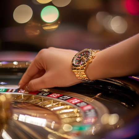 Woman playing roulette in casino, closeup of hand with golden watchの素材