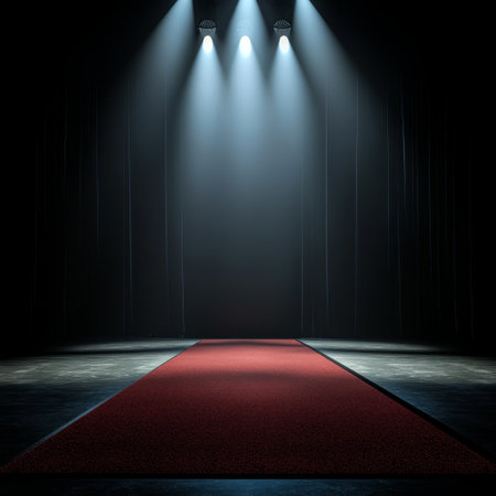 red carpet on stage with spotlights in dark room, 3d renderの素材