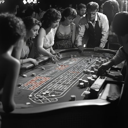 Casino roulette game in black and white. Group of people playing at casino.の素材
