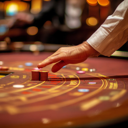 casino, gambling, people and entertainment concept - close up of man playing roulette at casinoの素材