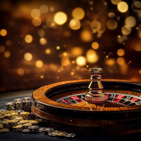 Casino roulette wheel with chips and golden bokeh backgroundの素材