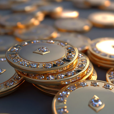 Pile of gold coins with diamonds, 3d render illustration, square imageの素材