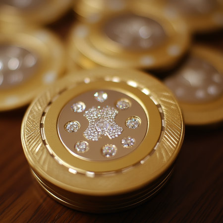 Golden coins with diamonds on a wooden background. Shallow depth of field.の素材