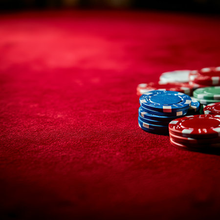 Poker chips on red velvet background, shallow depth of field.の素材