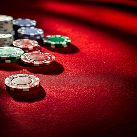 Poker chips on red velvet background with copy space for your textの素材