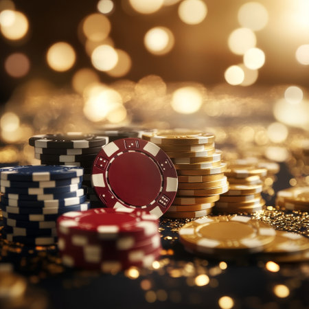 Casino chips and cards on bokeh background. Gambling gamesの素材