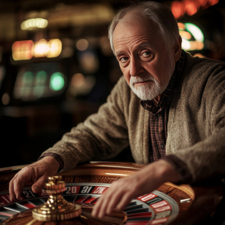 Portrait of a senior man playing roulette in a casino.の素材