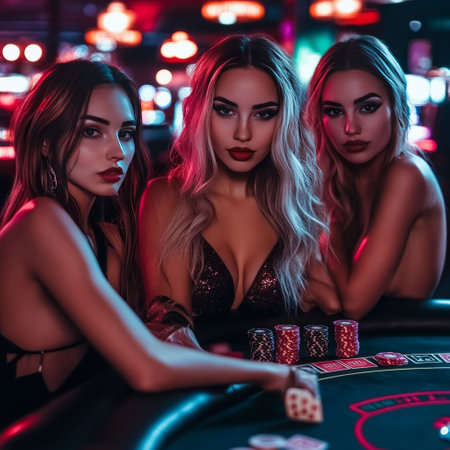 Group of sexy young women playing roulette in casino with red diceの素材