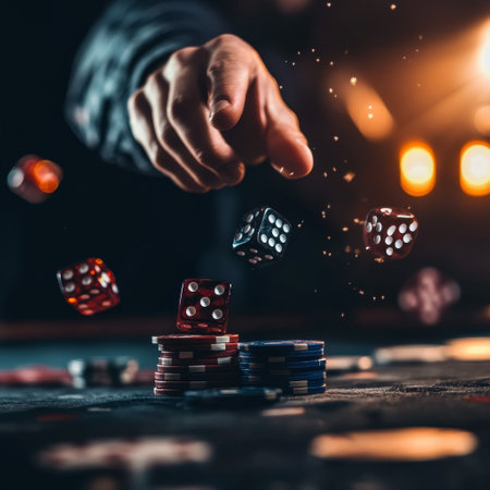 Male hand throws dices in the air. Casino concept. Selective focus.の素材