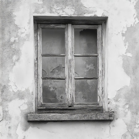 Old wooden window on a white wall. Black and white photo.の素材