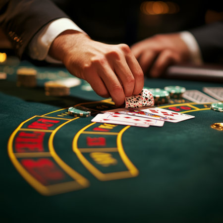 casino, gambling, people and entertainment concept - close up of man playing poker at green casino tableの素材