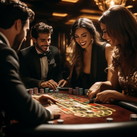 Group of young people playing roulette in casino. Focus on womanの素材