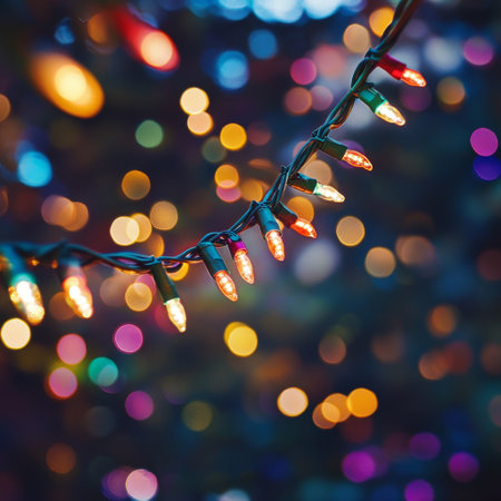 Colorful Christmas lights background with bokeh defocused lights.の素材