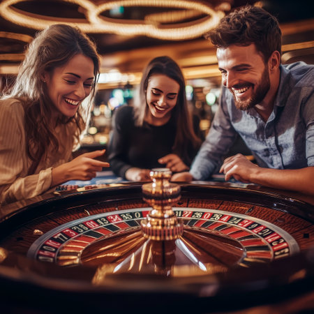Group of young people playing roulette in casino. Focus on roulette wheel.の素材