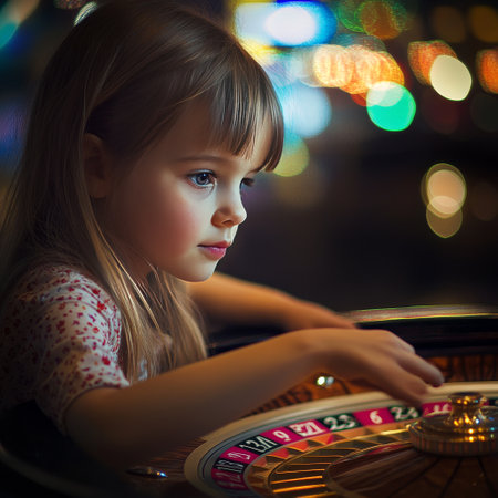Little girl playing roulette in casino at night. Casino concept.の素材