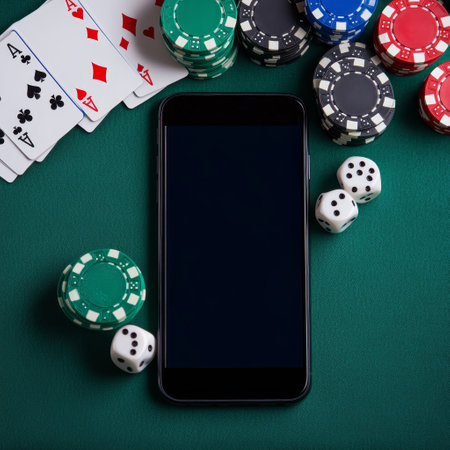 Smartphone with casino chips and cards on green table, top viewの素材
