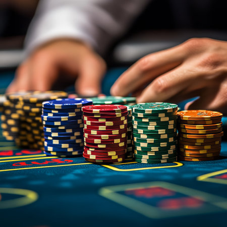 Poker chips on green table in casino. Casino gambling concept.の素材