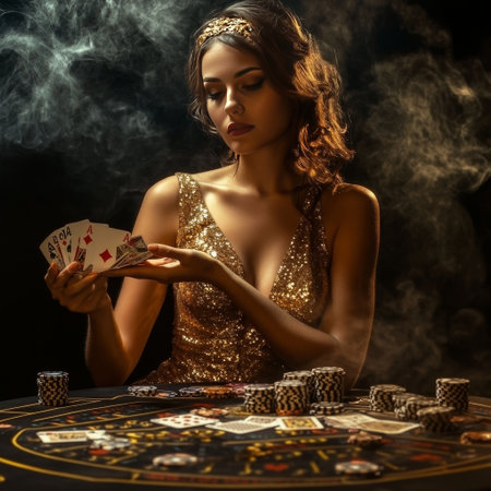 Beautiful young woman playing poker. Casino theme. Gambling.の素材