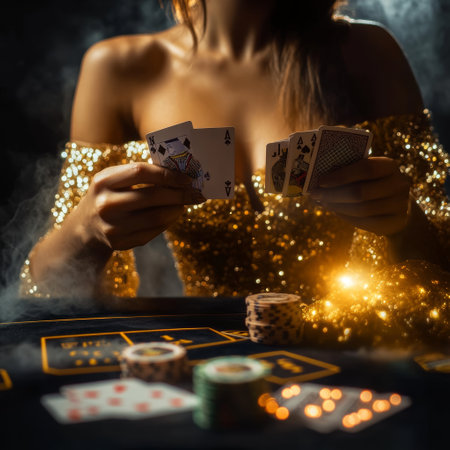 Beautiful woman playing poker at the casino. Casino concept. Close-upの素材