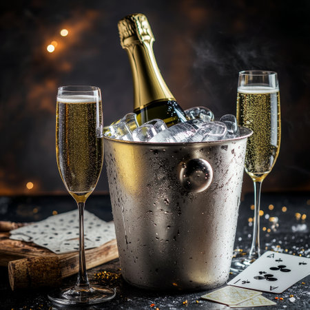 Two glasses of champagne in an ice bucket on a dark background.の素材