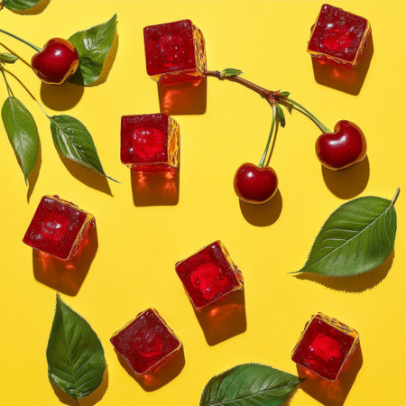 Cherry jam in glass cubes on a yellow background, top viewの素材