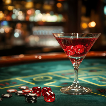 Cocktail with red dice on a green table in a casinoの素材