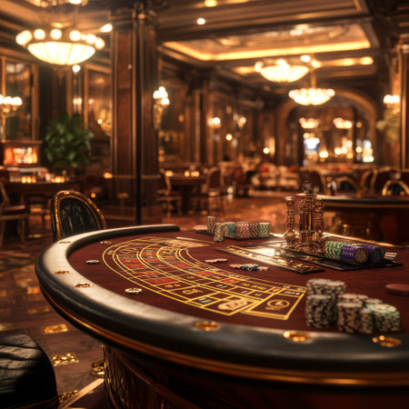 Casino roulette table with chips and cards in a luxury casinoの素材