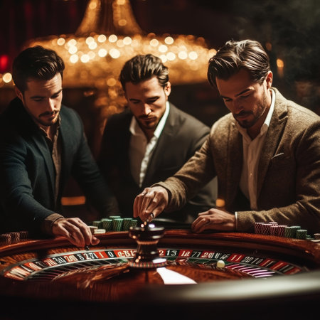 Group of young men playing roulette in casino. Gambling concept.の素材