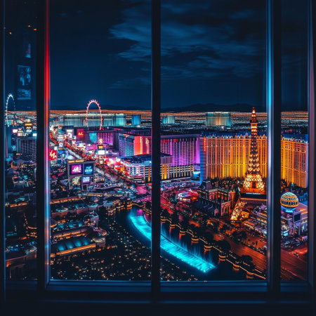 Night view of Las Vegas Strip from the glass window.の素材