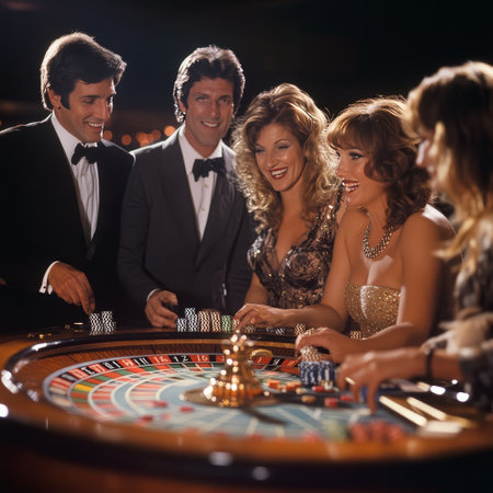 Group of friends playing roulette in casino. Gambling concept.の素材