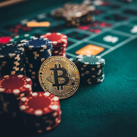 Casino chips and golden bitcoin on green table background. Concept of online casino.の素材
