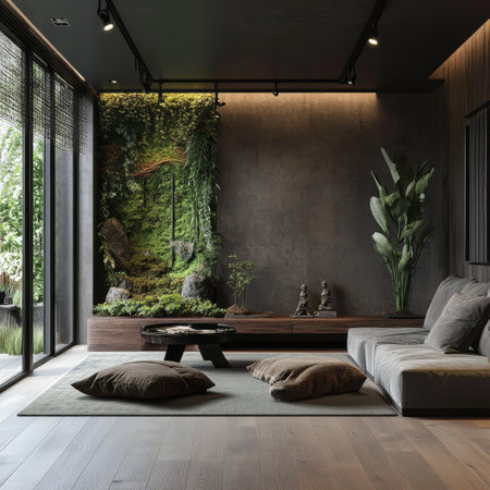 Interior of modern living room with concrete walls, wooden floor, gray sofa with cushions and green plants. 3d renderの素材